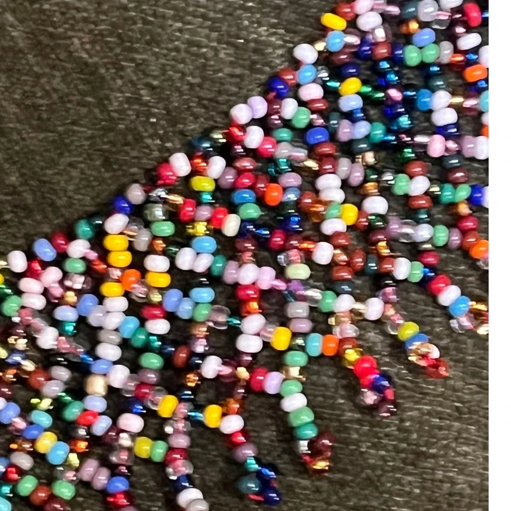 Vtg Handmade Multicolored Seed Bead‎ Fringe Collar Bib Statement Necklace Boho